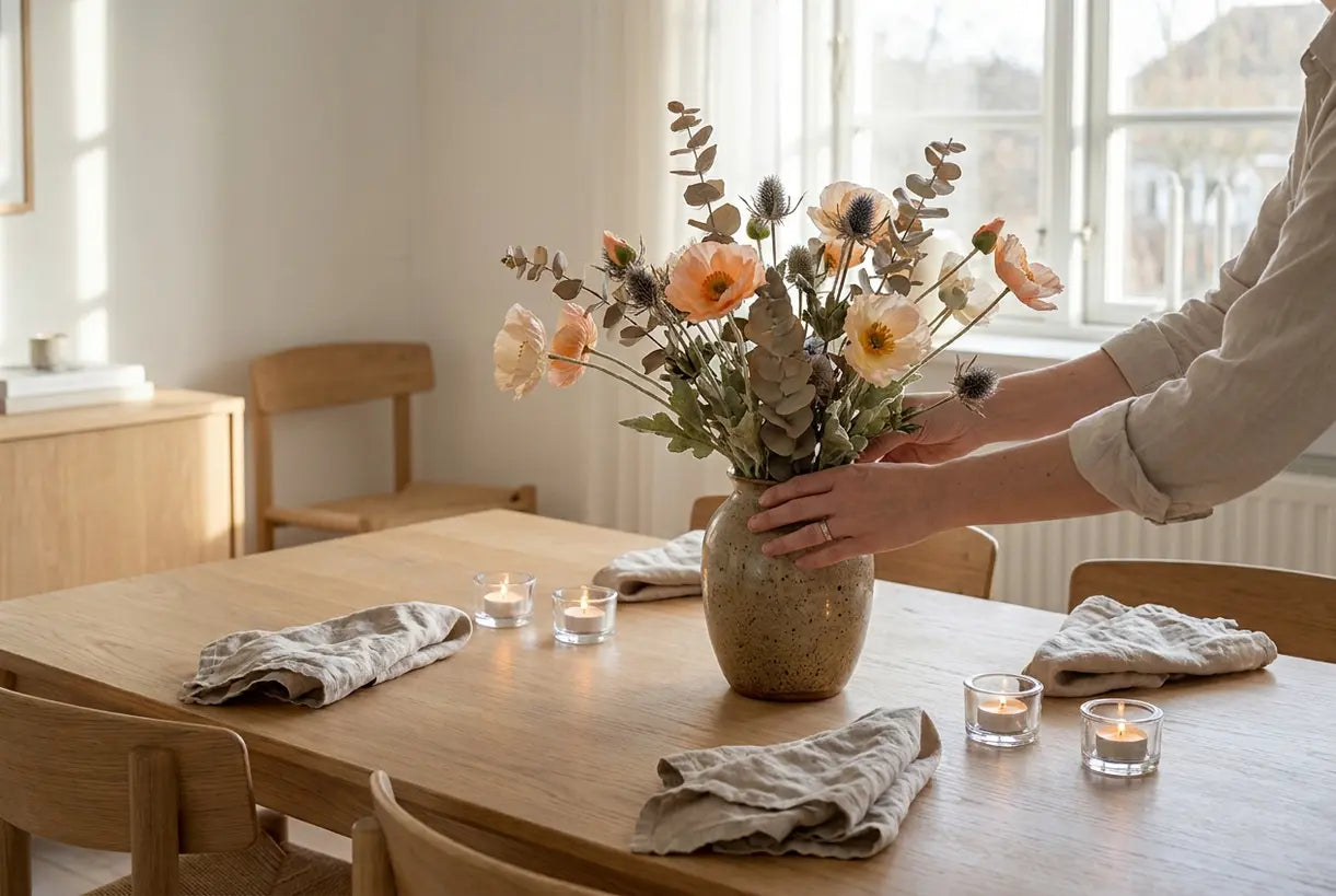 Scandinavian dining table with faux botanical centerpiece and styling elements