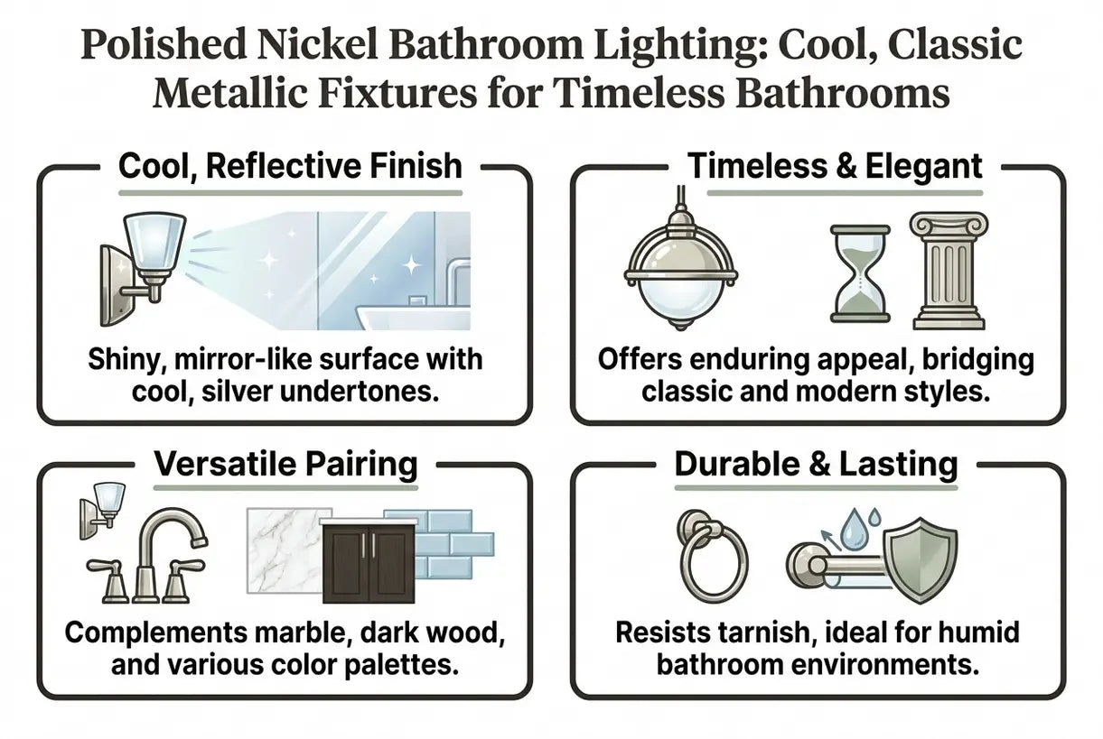 Polished Nickel Bathroom Lighting: Cool, Classic Metallic Fixtures for Timeless Bathrooms - infographic