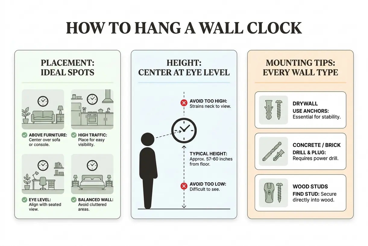 Wie man eine Wanduhr aufhängt: Platzierung, Höhe und Montagetipps für jeden Wandtyp – Infografik