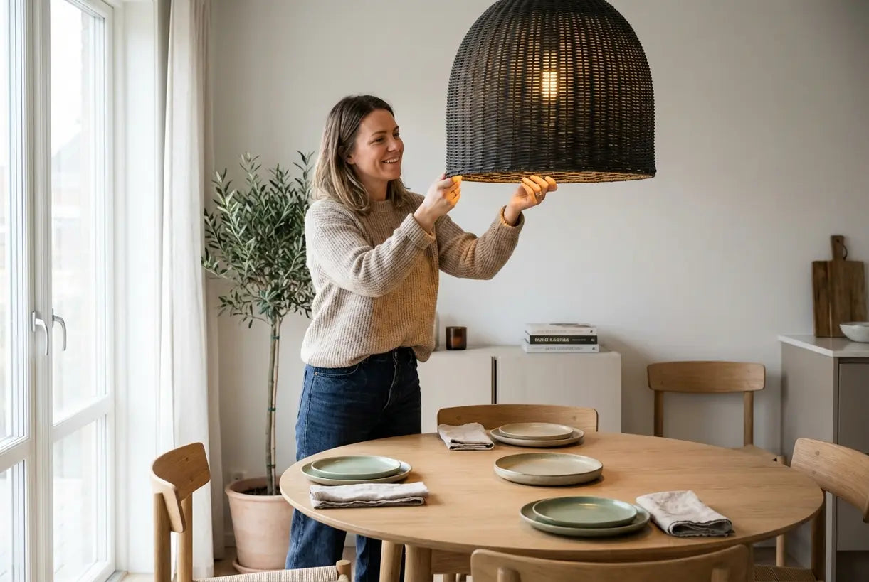 Woman adjusting pendant light over Scandinavian dining table setting