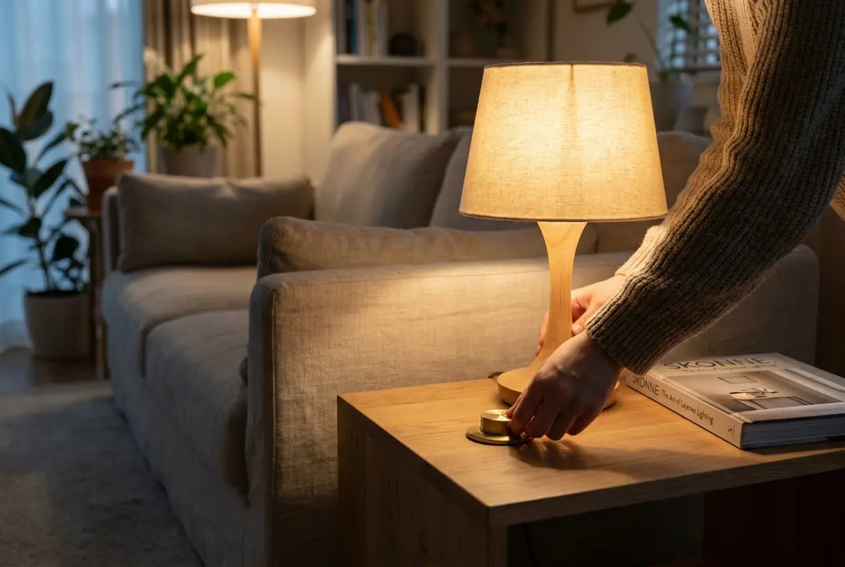 Hands adjusting a lamp dimmer switch, demonstrating layered lighting control for a cozy living room atmosphere