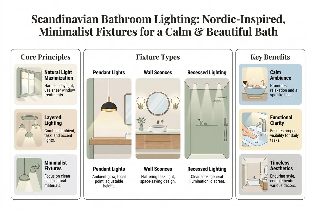 Scandinavian Bathroom Lighting: Nordic-Inspired, Minimalist Fixtures for a Calm & Beautiful Bath - infographic