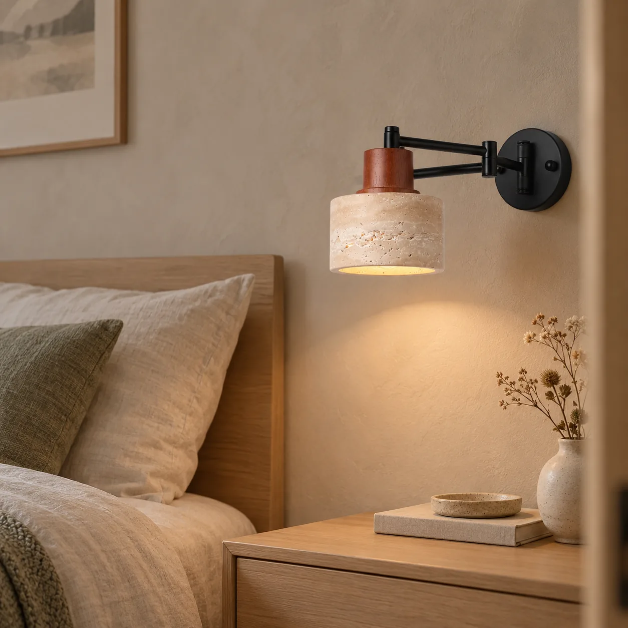 Varsten Natural Travertine Adjustable Wall Sconce, styled in a Scandinavian interior