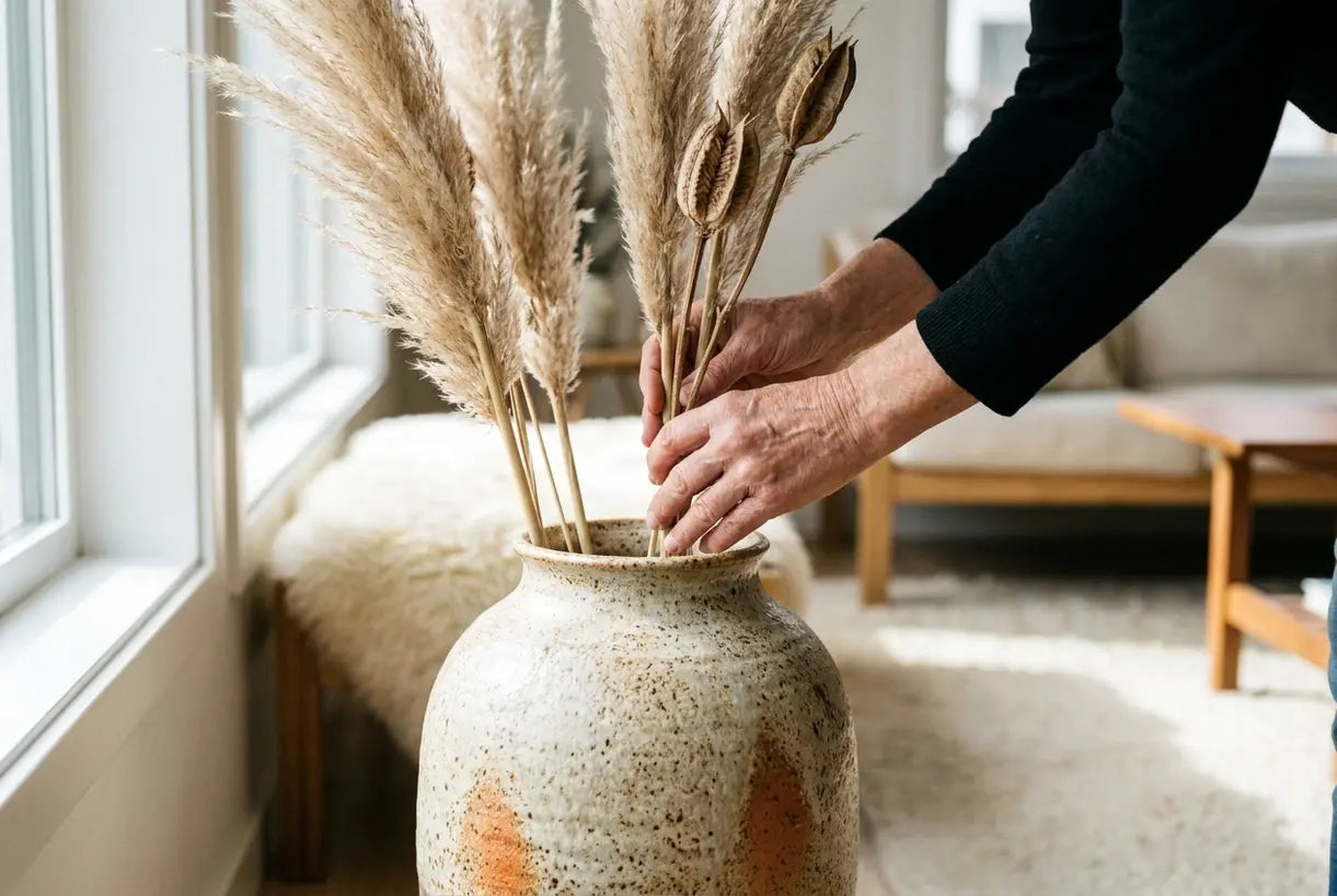 Hands arranging tall dried stems in a textured artisan ceramic vase, close-up view showing craftsmanship details