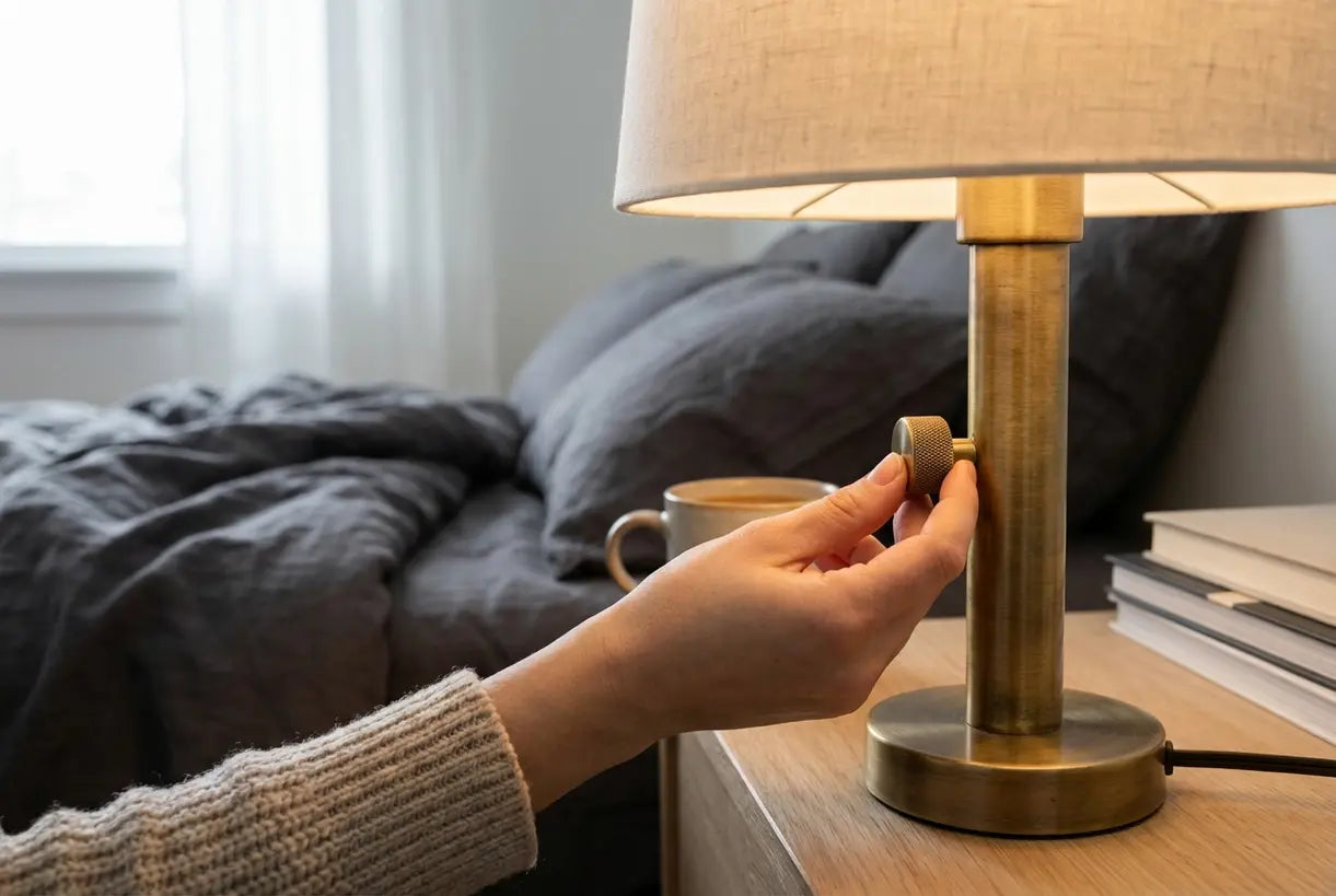Hand past moderne nachtkastlamp aan op gestyled nachtkastje met zacht natuurlijk licht