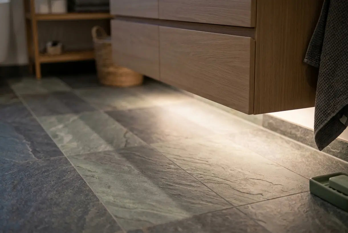 LED toe kick lighting under bathroom vanity providing warm ambient night illumination