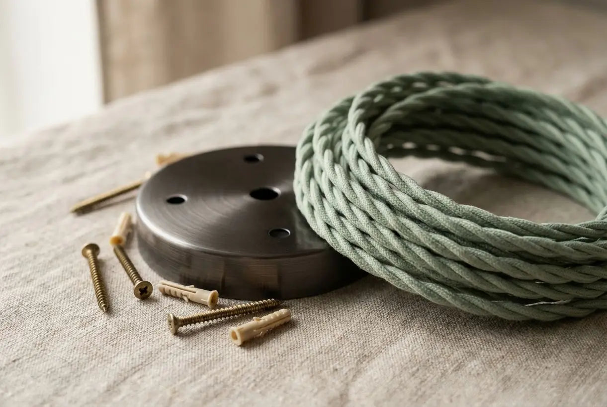 Plafondlampdraden, plafondplaat en montagehardware componenten close-up