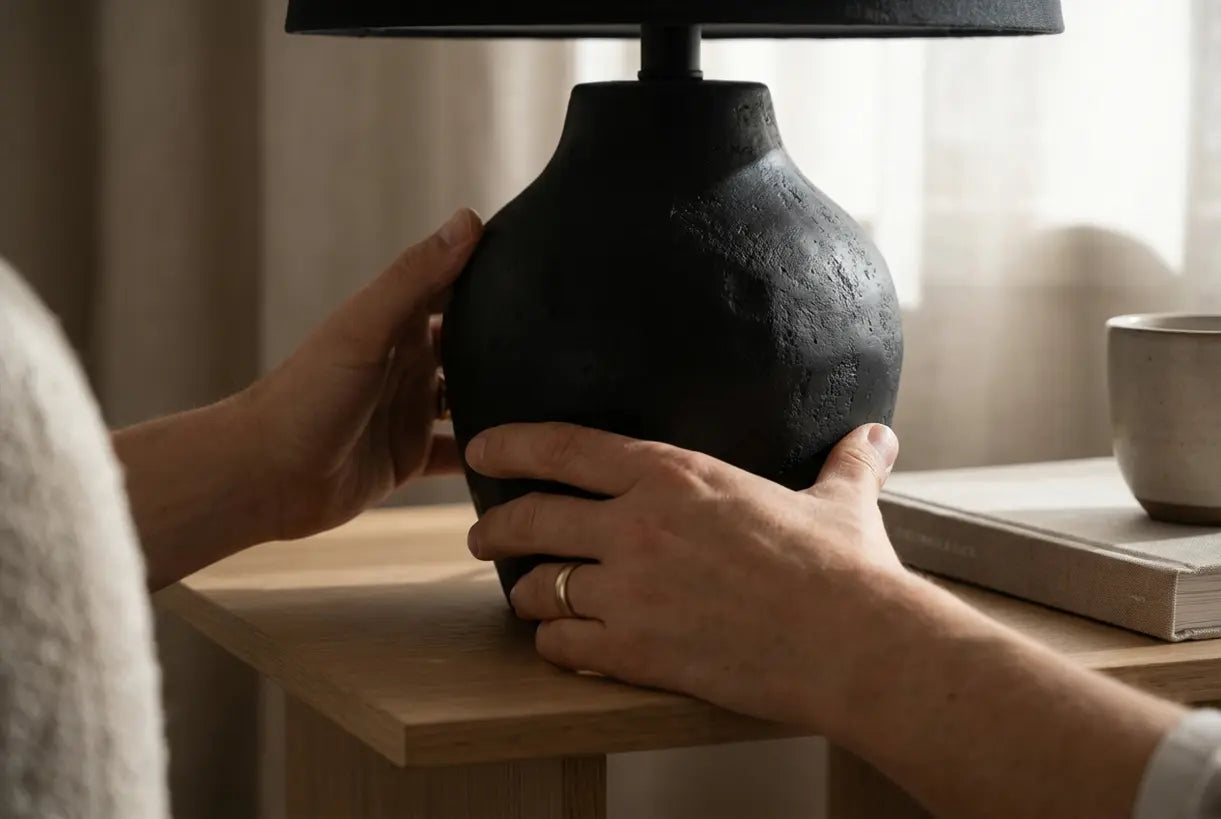 Handen die zwarte sculpturale tafellamp aanpassen in moderne interieuromgeving