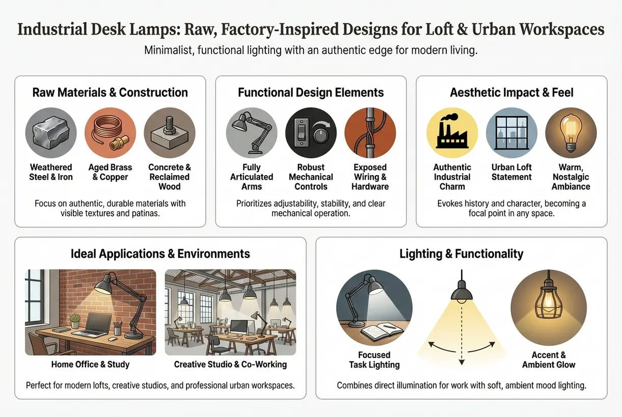 Industriële Bureaulampen: Ruwe, Fabrieksgeïnspireerde ontwerpen voor Loft & Stadse Werkruimtes - infographic