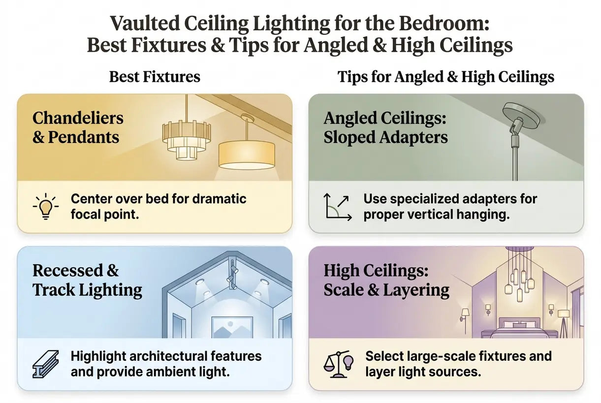 Vaulted Ceiling Lighting for the Bedroom: Best Fixtures & Tips for Angled & High Ceilings - infographic