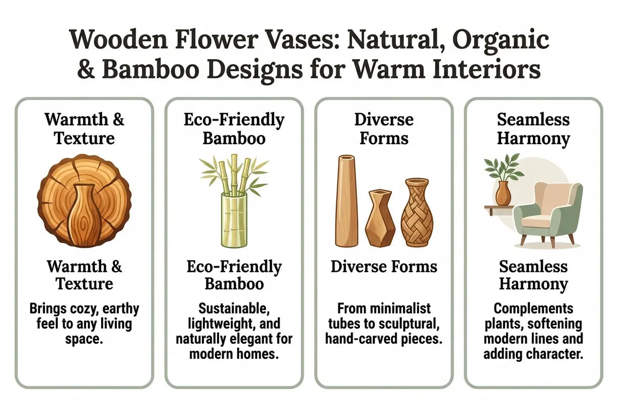 Houten Bloemenvaas: Natuurlijke, Organische & Bamboe Ontwerpen voor Warme Interieurs - infographic