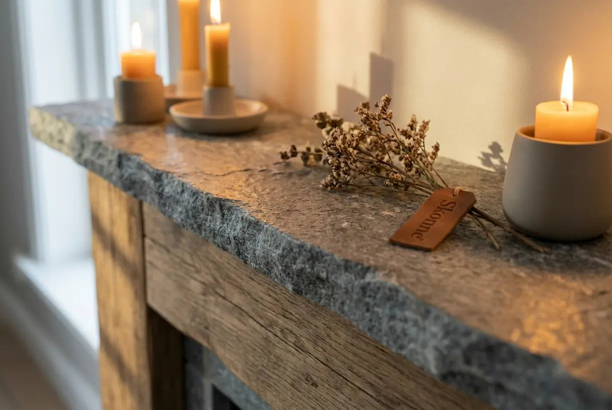 Close-up van Scandinavische open haard steenstructuur met warme sfeerverlichting en natuurlijke houten schouwdetails