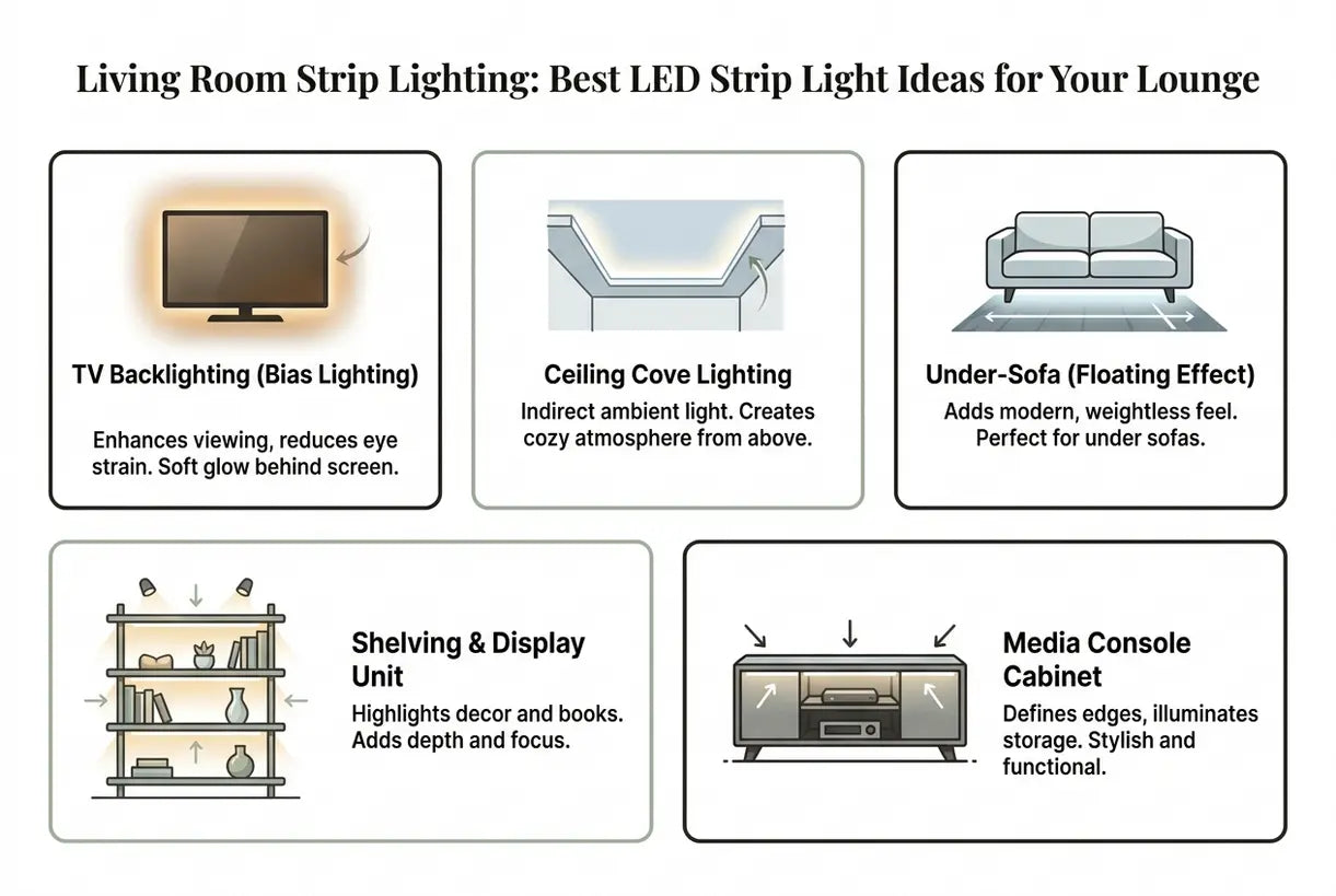 Living Room Strip Lighting: Best LED Strip Light Ideas for Your Lounge - infographic
