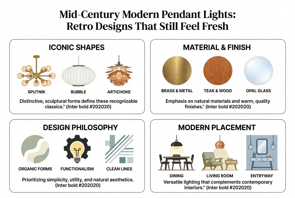 Mid-Century Modern Pendant Lights: Retro Designs That Still Feel Fresh - infographic