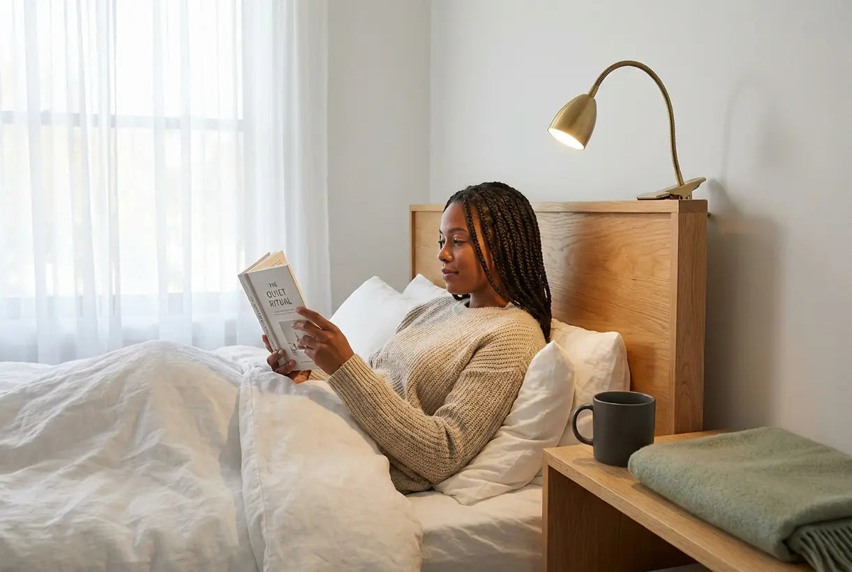 Vrouw leest een boek in een Scandinavische slaapkamer bij een leeslampje dat aan het hoofdbord is geklemd