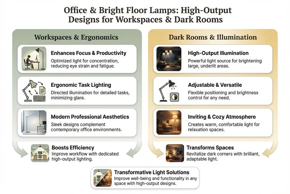 Heldere vloerlampen voor kantoor: krachtige ontwerpen voor werkplekken en donkere kamers - infographic