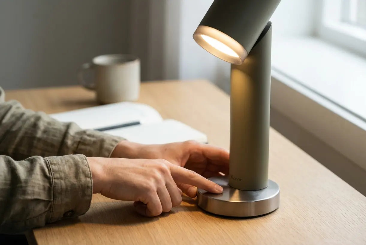 Iemand bedient de aanraakdimmer van een oplaadbare bureaulamp met warm ledlicht