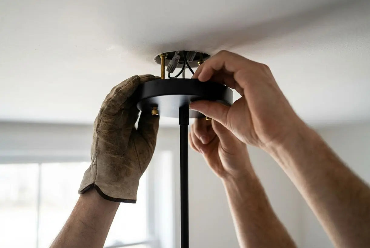 Handen installeren moderne Noordse plafondlamp close-up