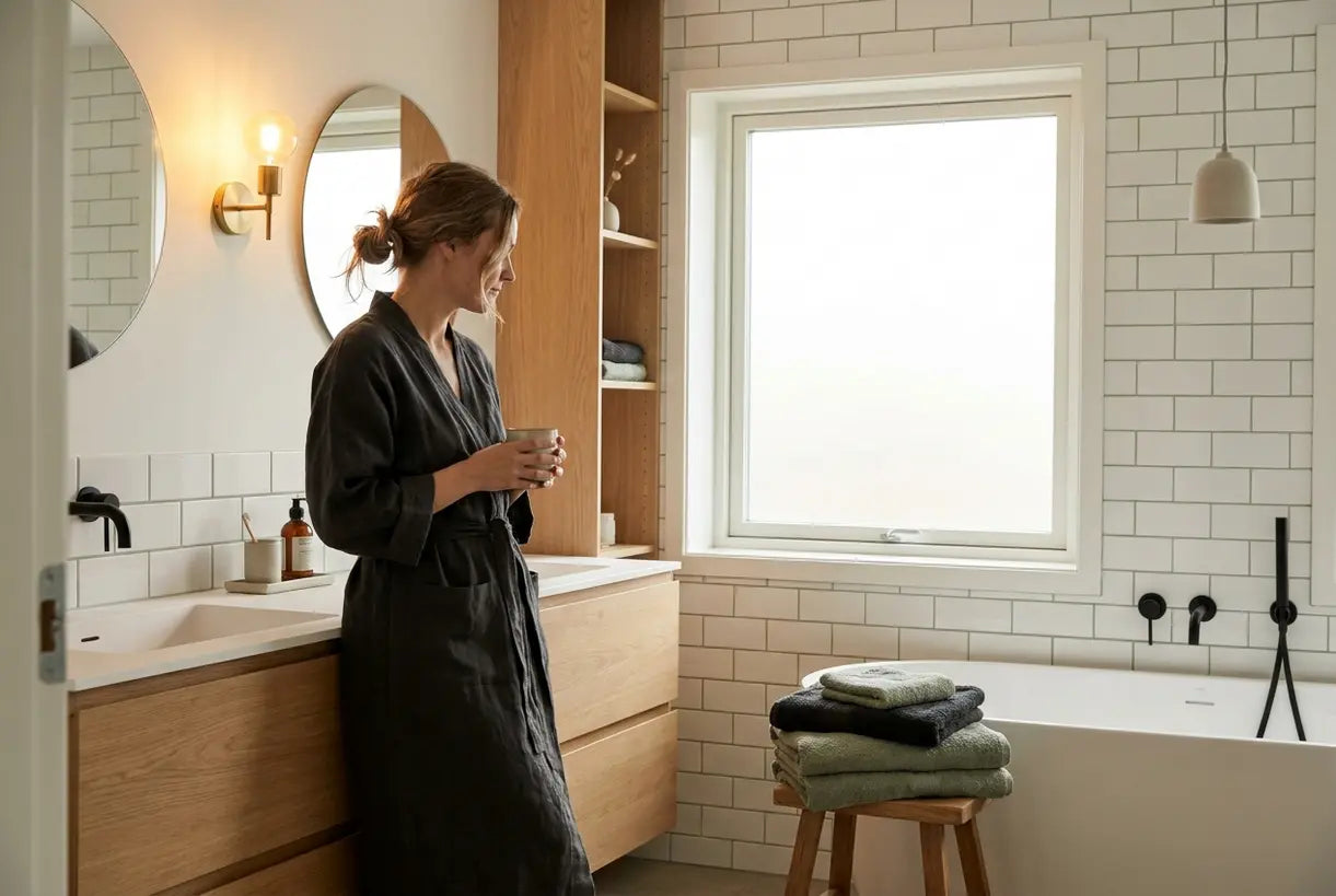 Serene Scandinavian bathroom interior with warm lighting, natural wood accents, and minimalist spa-like design