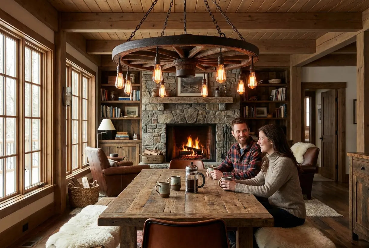 Eetkamer in blokhut met rustieke wagenwielkroonluchter boven tafel van gerecycled hout