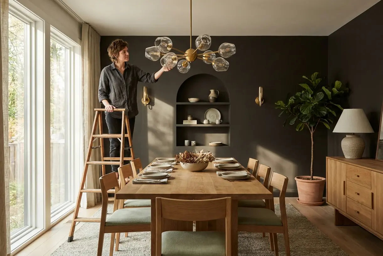 Scandinavian dining room with statement chandelier, modern dining room lighting trends, warm ambient dining space