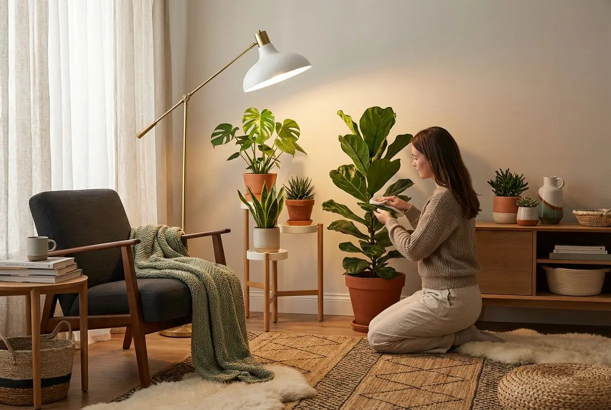 Scandinavische woonkamer met vloerlamp kweeklamp en bloeiende kamerplanten