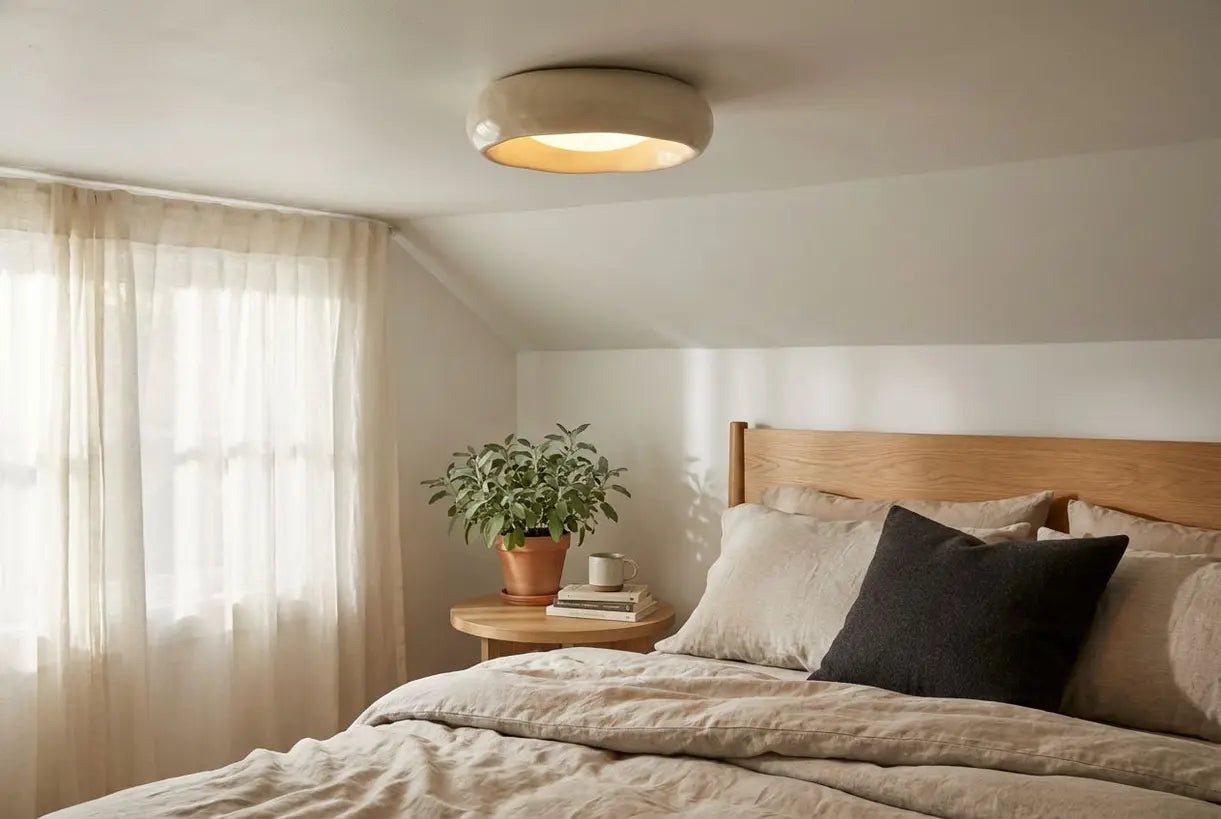 Kleine slaapkamer met een compacte plafondlamp voor vlakke montage en een laag plafond