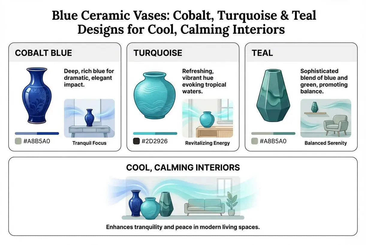 Blauwe keramische vazen: Kobalt, Turkoois & Teal ontwerpen voor koele, kalmerende interieurs - infographic