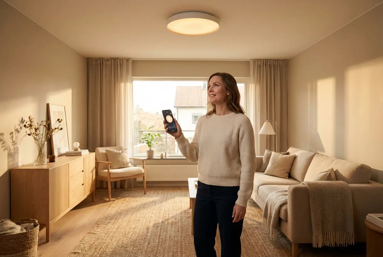 Vrouw past draadloze slimme plafondlamp aan met smartphone in moderne Scandinavische woonkamer