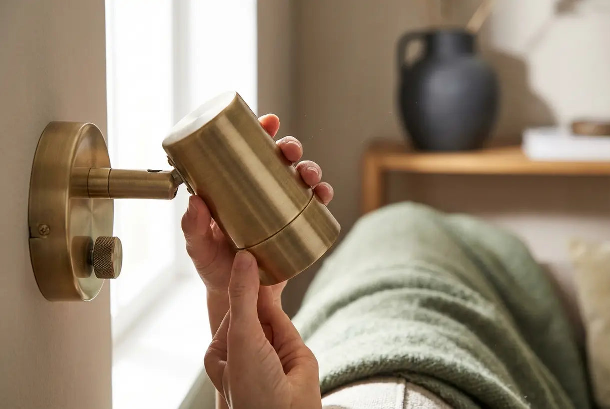 Verstelbare spotlight wandlamp met draaibare kop die wordt gepositioneerd voor taakverlichting