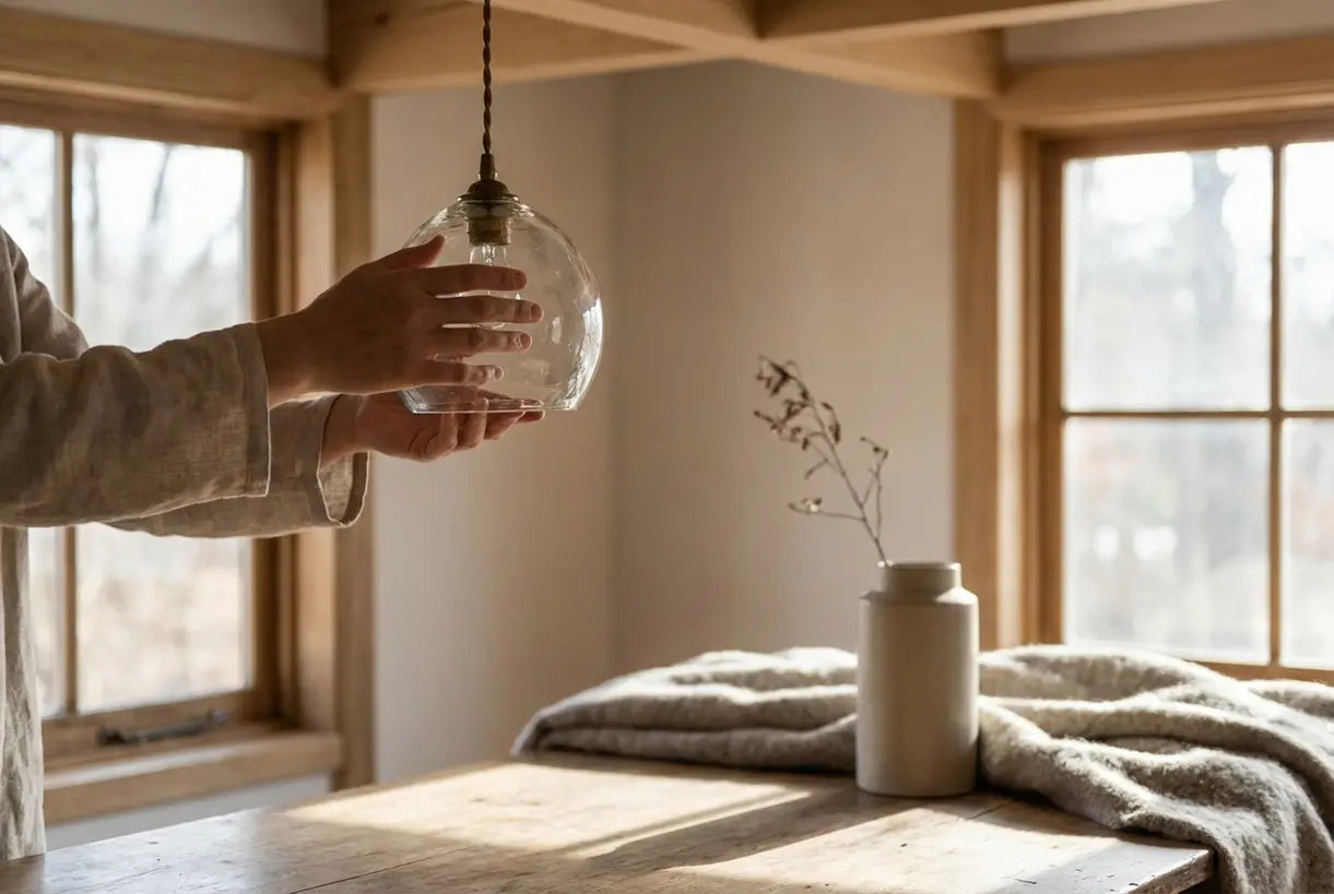 Hands arranging scandinavian minimalist design elements with natural materials and soft lighting