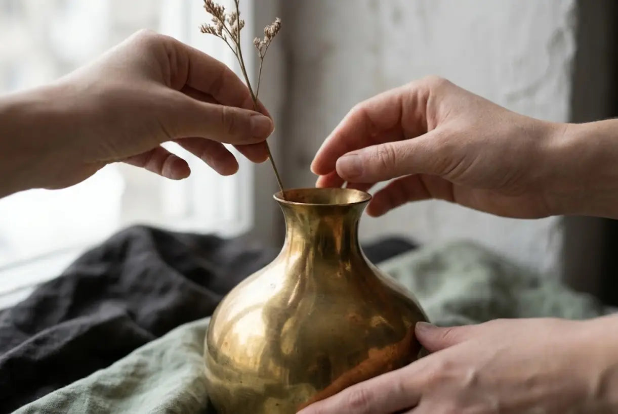 Hands arranging dried botanicals in a warm brass flower vase with soft natural lighting