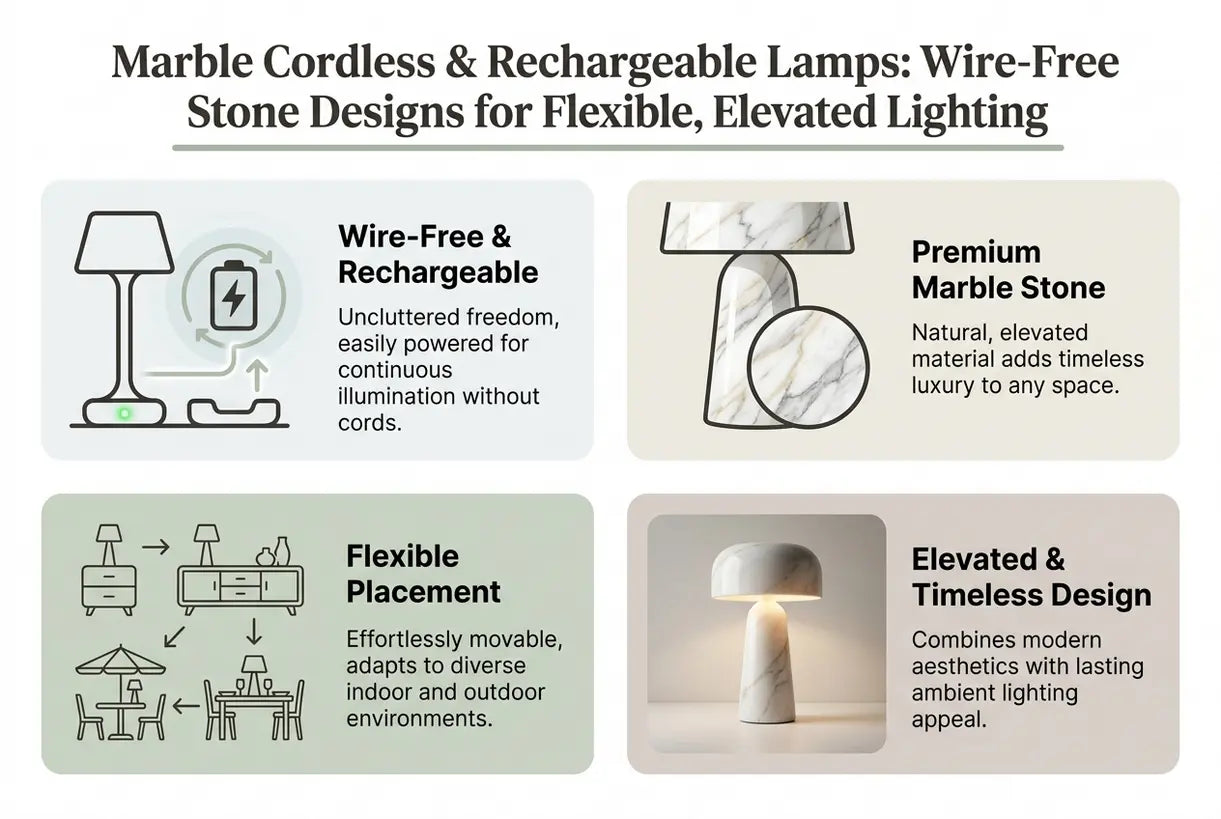 Marmeren Draadloze & Oplaadbare Lampen: Draadloze Steenontwerpen voor Flexibele, Verfijnde Verlichting - infographic