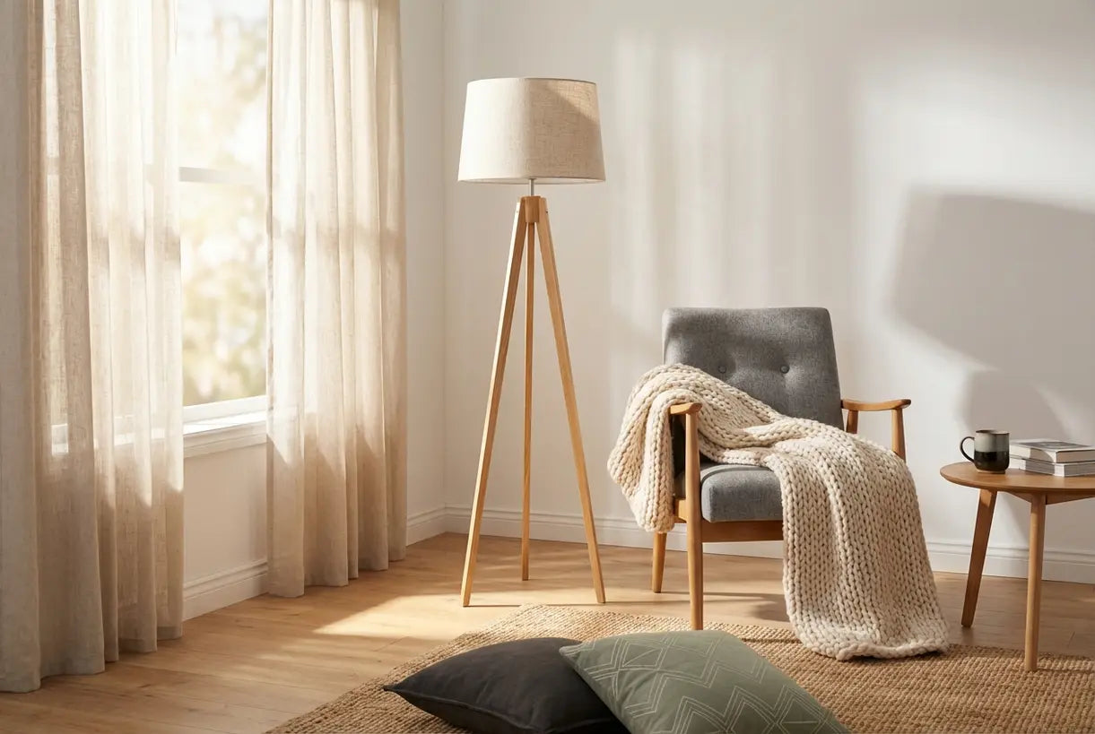 Scandinavische woonkamer met houten driepoot vloerlamp die een warme hygge-sfeer creëert