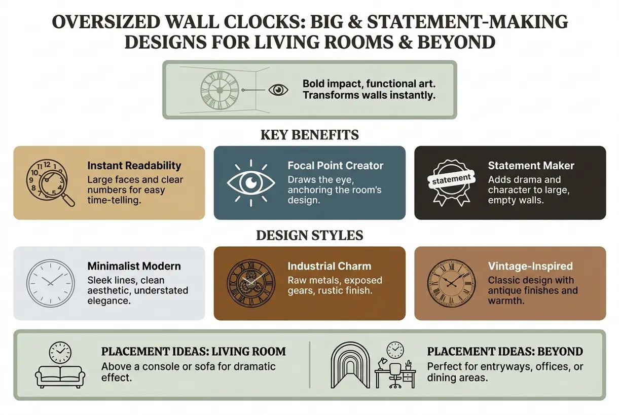 Oversized Wall Clocks: Big & Statement-Making Designs for Living Rooms & Beyond - infographic