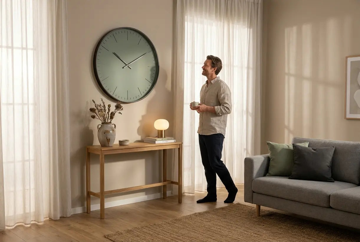 Woman admiring a modern statement wall clock in a Scandinavian living room interior