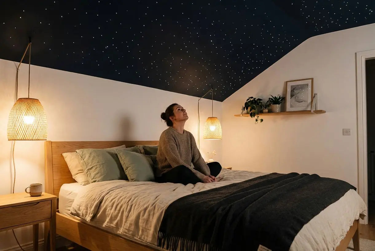 Slaapkamer met een glasvezel-sterrenplafond dat een fonkelende nachtelijke hemel nabootst, Scandinavisch interieur