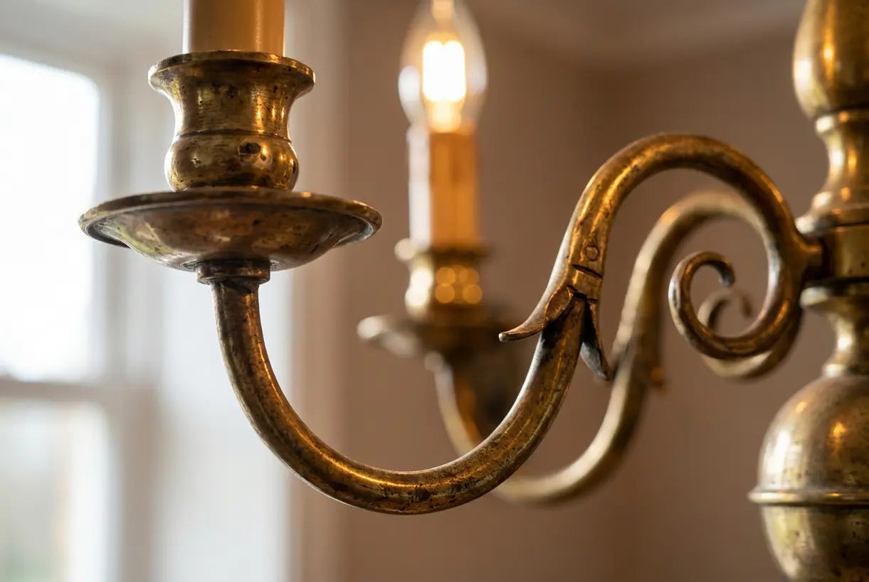 Close-up detail van verouderde messing kroonluchter arm die warme patina en vakmanschap toont