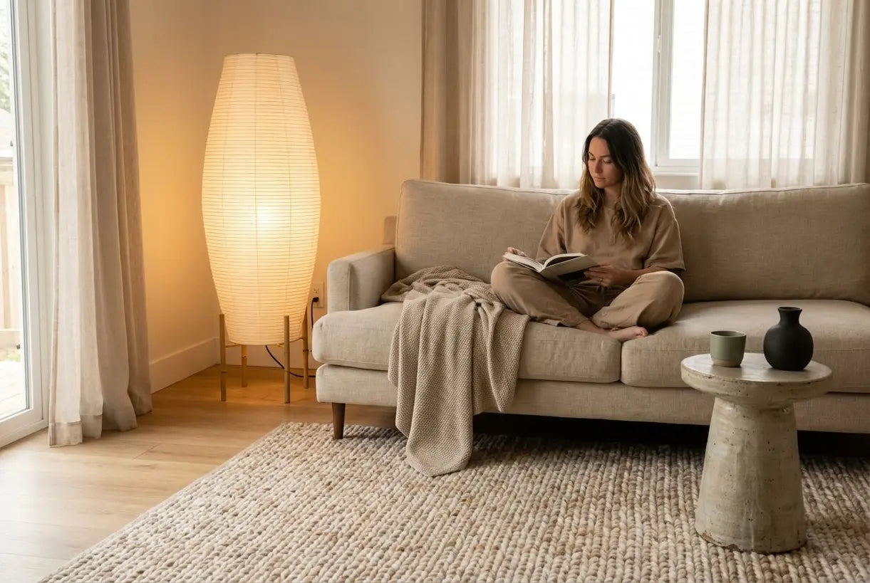 Japandi-woonkamer met een papieren vloerlamp in Noguchi-stijl, organisch interieur