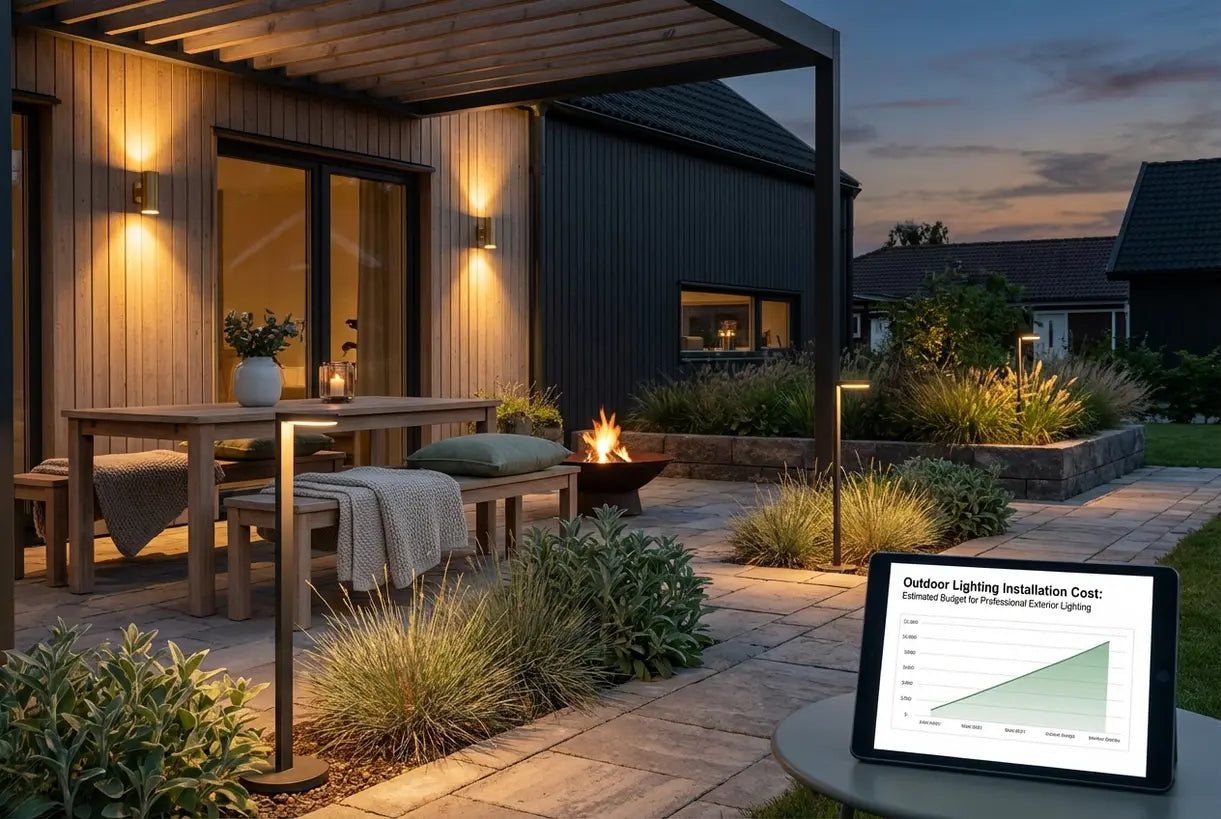 Moderne patio met professioneel aangelegde verlichting voor een warme hygge-sfeer