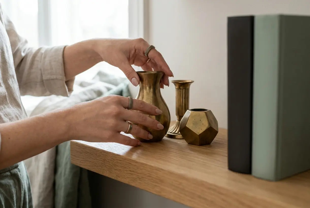 Hands arranging brass decorative objects for golden home decoration styling