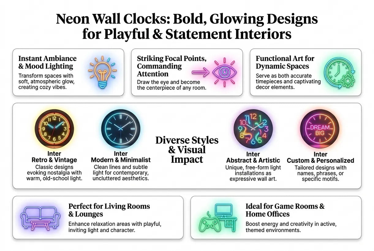 Neon Wall Clocks: Bold, Glowing Designs for Playful & Statement Interiors - infographic