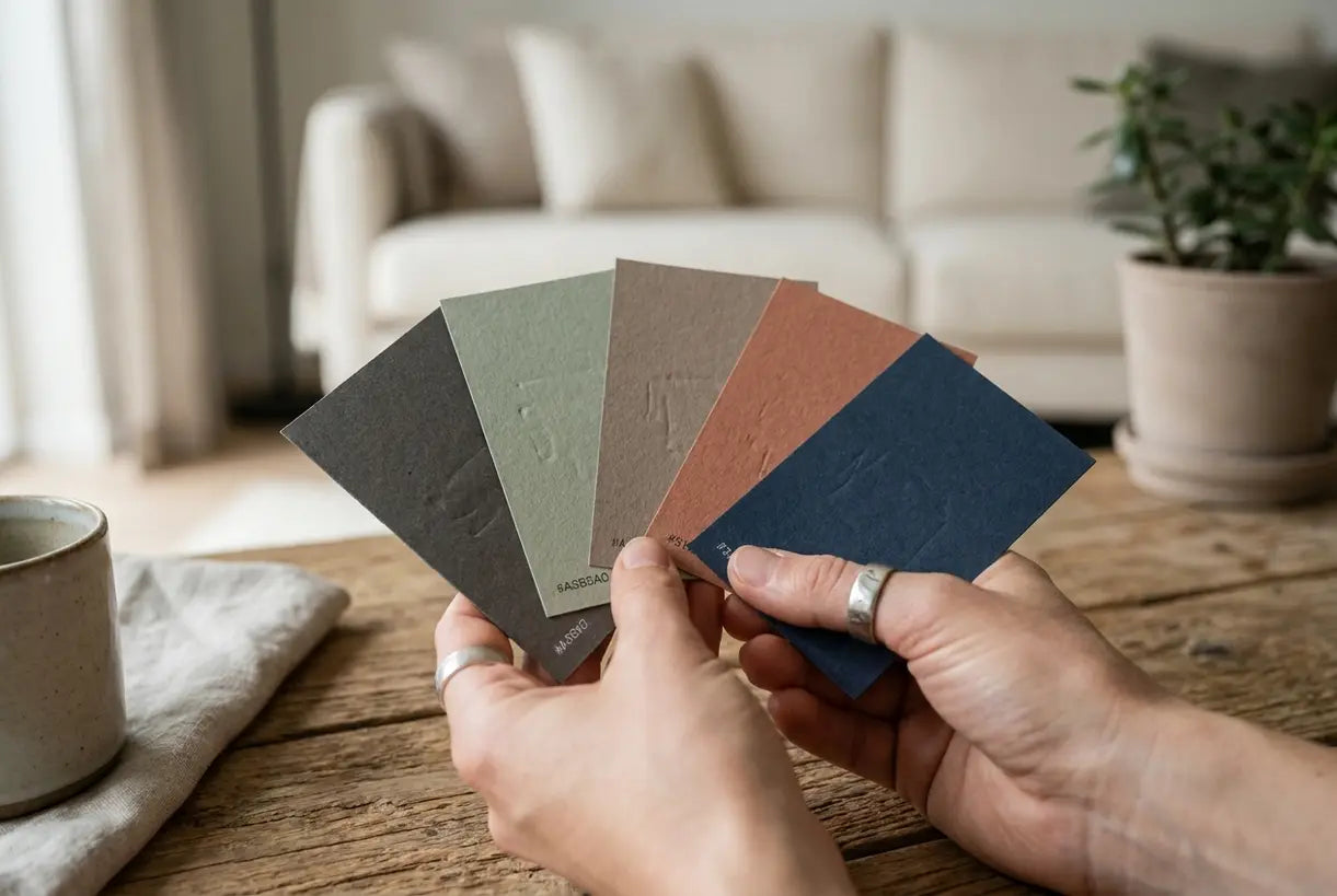 Hands holding modern interior color palette swatches for home decor inspiration