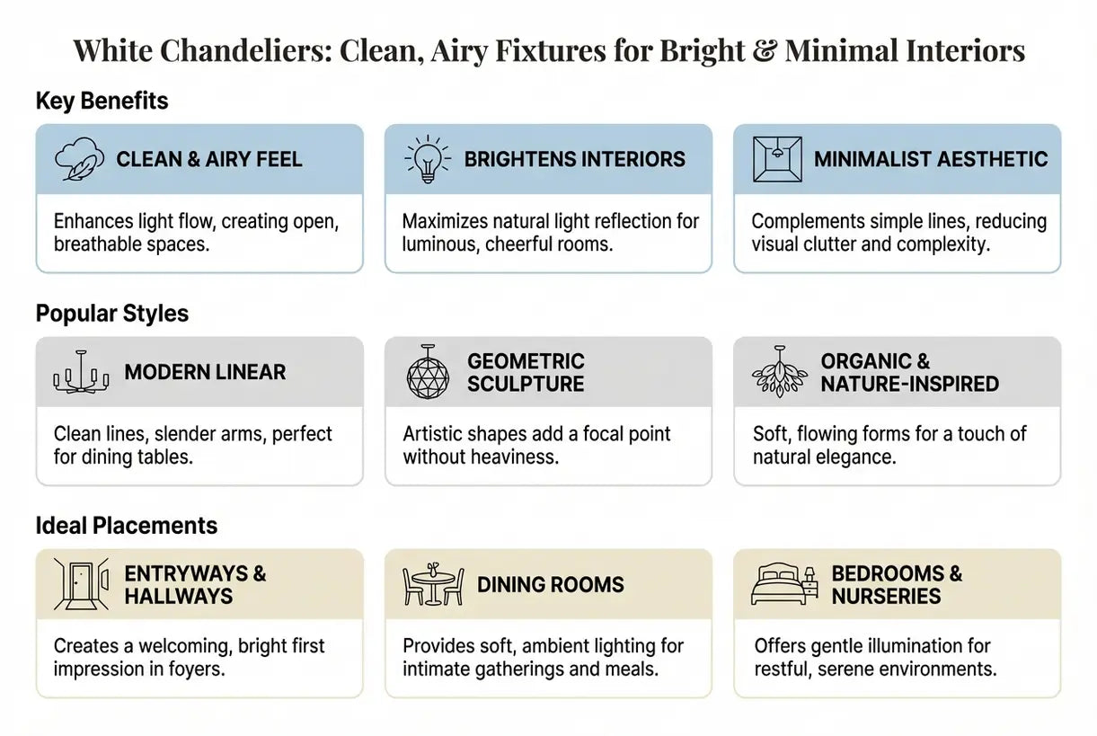 White Chandeliers: Clean, Airy Fixtures for Bright & Minimal Interiors - infographic