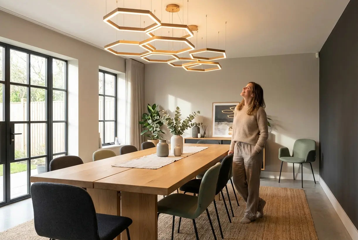 Moderne eetkamer met zeshoekige plafondlamp en huiseigenaar die geniet van de sfeervolle verlichting