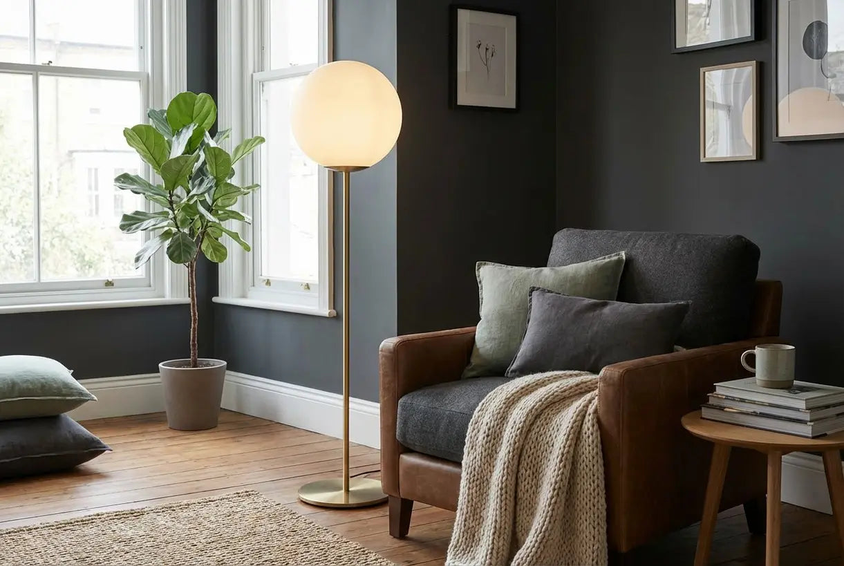 Scandinavische woonkamer met bolvormige vloerlamp die een sfeervolle leeshoek creëert