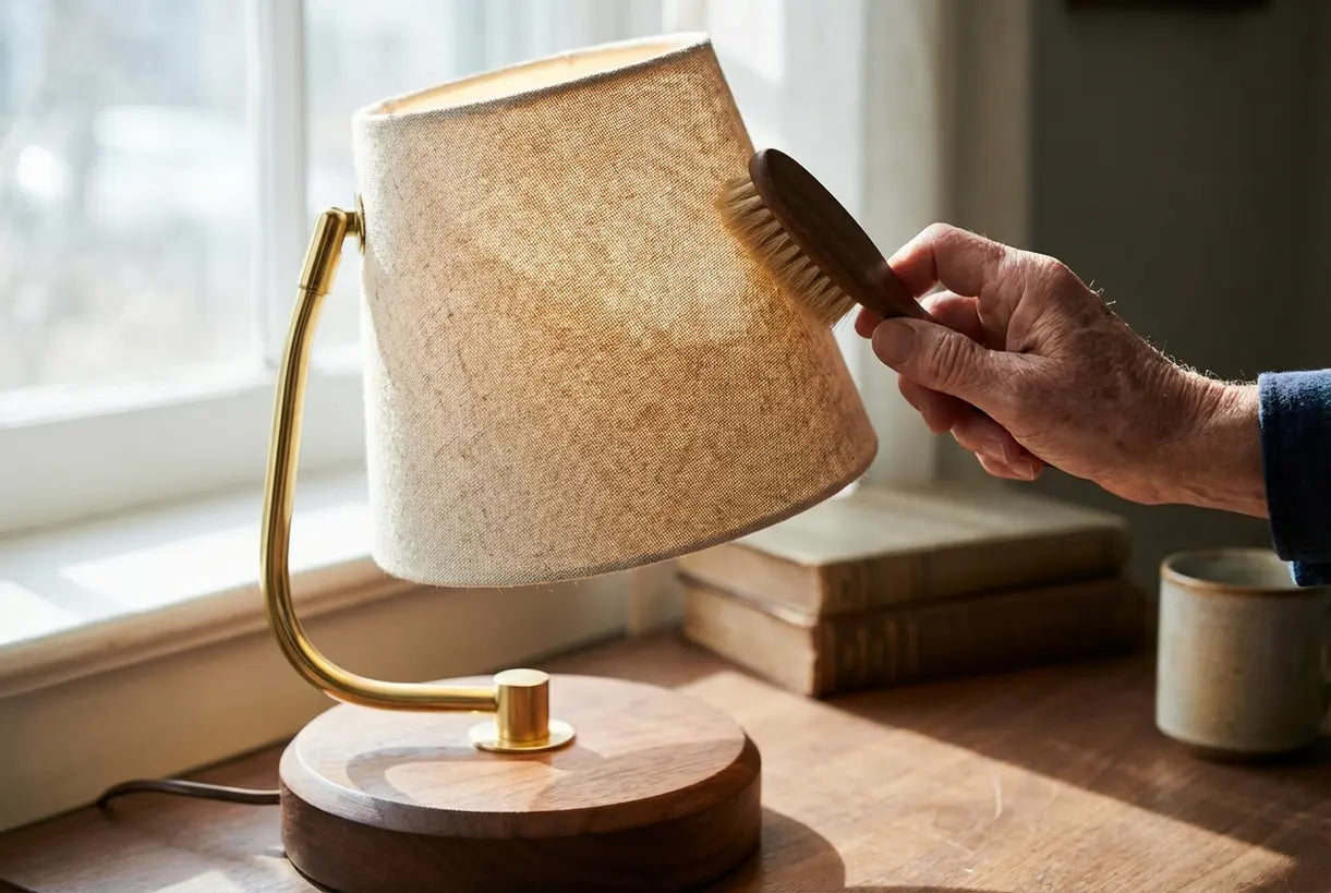 Handen die een Scandinavische bureaulamp met natuurlijke houttextuur en warm licht verstellen