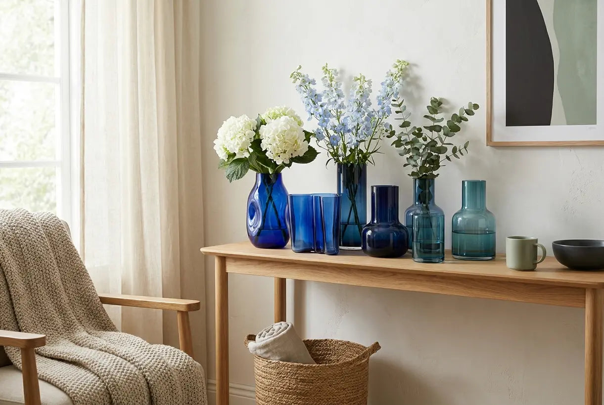 Skandinavisches Wohninterieur mit blauen Glasvasen in Kobalt, Marineblau und Türkis, auf einem Eichenregal arrangiert