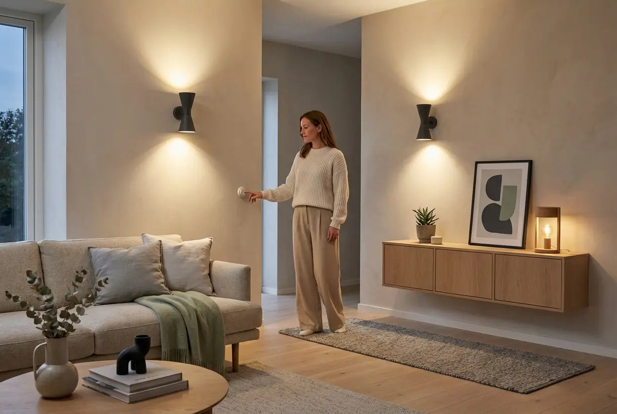 Scandinavisch interieur met op-neer wandlampen voor binnen die een gelaagde, dramatische ambiance creëren