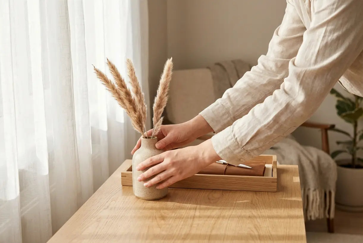 Hands arranging minimalist Scandinavian office desk decor with natural materials and warm lighting